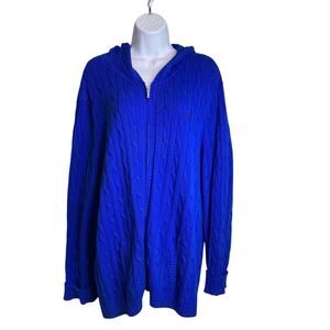 CHAPS Women’s Blue Cotton Cable Knit Hooded Zip Front Cardigan Sweater Size 3X